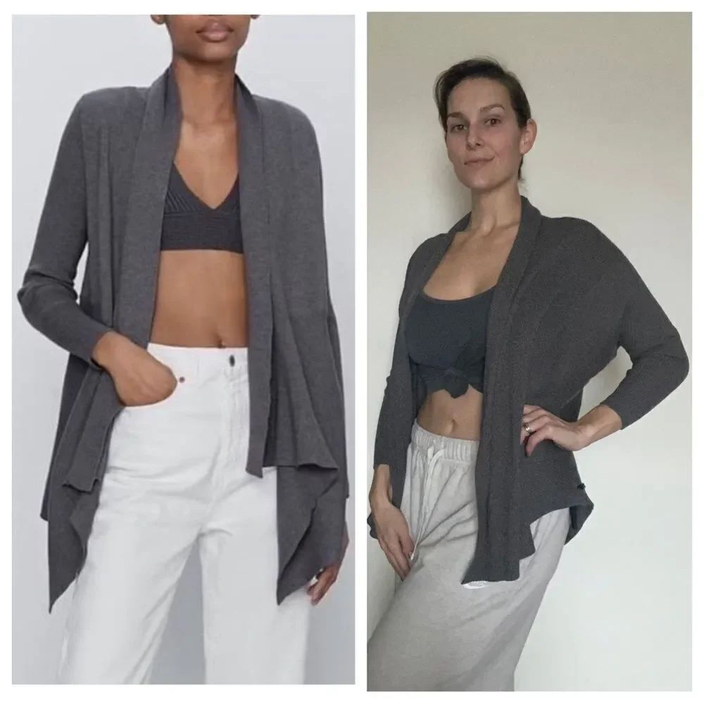 ZARA Cardigan Ribbed Drop Shoulder Sweater Gray Athleisure Medium Slouchy